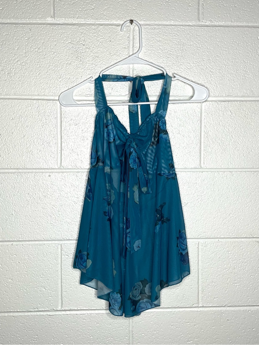 < Teal Floral Halter Neck Tank Top Size Large Summer Girly Cute >